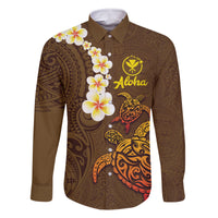 Hawaii Turtle Plumeria Flower Family Matching Tank Maxi Dress and Hawaiian Shirt Polynesian Pattern Brown Color