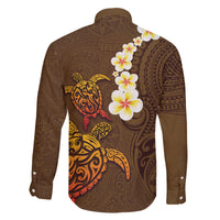 Hawaii Turtle Plumeria Flower Family Matching Tank Maxi Dress and Hawaiian Shirt Polynesian Pattern Brown Color