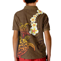 Hawaii Turtle Plumeria Flower Kid Polo Shirt Polynesian Pattern Brown Color