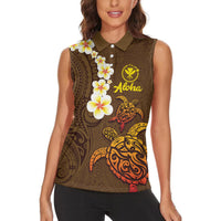 Hawaii Turtle Plumeria Flower Women Sleeveless Polo Shirt Polynesian Pattern Brown Color