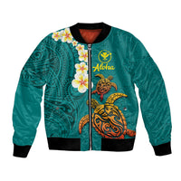 Hawaii Turtle Plumeria Flower Bomber Jacket Polynesian Pattern Turquoise Color