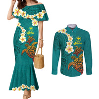 Hawaii Turtle Plumeria Flower Couples Matching Mermaid Dress and Long Sleeve Button Shirt Polynesian Pattern Turquoise Color LT03 Turquoise - Polynesian Pride