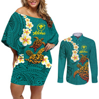 Hawaii Turtle Plumeria Flower Couples Matching Off Shoulder Short Dress and Long Sleeve Button Shirt Polynesian Pattern Turquoise Color