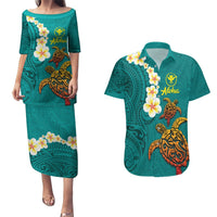 Hawaii Turtle Plumeria Flower Couples Matching Puletasi and Hawaiian Shirt Polynesian Pattern Turquoise Color