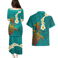 Hawaii Turtle Plumeria Flower Couples Matching Puletasi and Hawaiian Shirt Polynesian Pattern Turquoise Color