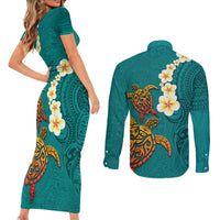Hawaii Turtle Plumeria Flower Couples Matching Short Sleeve Bodycon Dress and Long Sleeve Button Shirt Polynesian Pattern Turquoise Color