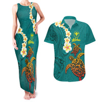 Hawaii Turtle Plumeria Flower Couples Matching Tank Maxi Dress and Hawaiian Shirt Polynesian Pattern Turquoise Color