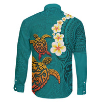 Hawaii Turtle Plumeria Flower Family Matching Tank Maxi Dress and Hawaiian Shirt Polynesian Pattern Turquoise Color