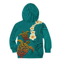 Hawaii Turtle Plumeria Flower Kid Hoodie Polynesian Pattern Turquoise Color