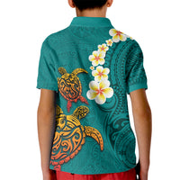 Hawaii Turtle Plumeria Flower Kid Polo Shirt Polynesian Pattern Turquoise Color