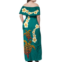 Hawaii Turtle Plumeria Flower Off Shoulder Maxi Dress Polynesian Pattern Turquoise Color