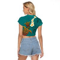Hawaii Turtle Plumeria Flower Raglan Cropped T Shirt Polynesian Pattern Turquoise Color