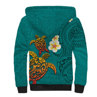 Hawaii Turtle Plumeria Flower Sherpa Hoodie Polynesian Pattern Turquoise Color