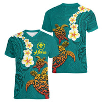 Hawaii Turtle Plumeria Flower Women V-Neck T-Shirt Polynesian Pattern Turquoise Color