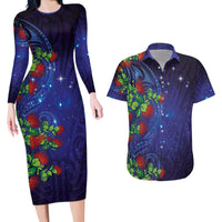 Matariki New Zealand Maori and Pohutukawa Couples Matching Long Sleeve Bodycon Dress and Hawaiian Shirt Galaxy Blue Sky Style