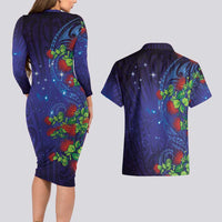 Matariki New Zealand Maori and Pohutukawa Couples Matching Long Sleeve Bodycon Dress and Hawaiian Shirt Galaxy Blue Sky Style