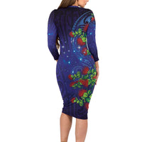 Matariki New Zealand Maori and Pohutukawa Family Matching Long Sleeve Bodycon Dress and Hawaiian Shirt Galaxy Blue Sky Style