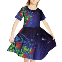 Matariki New Zealand Maori and Pohutukawa Kid Short Sleeve Dress Galaxy Blue Sky Style
