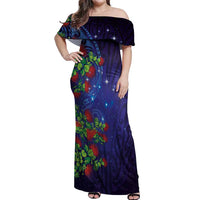 Matariki New Zealand Maori and Pohutukawa Off Shoulder Maxi Dress Galaxy Blue Sky Style