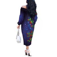 Matariki New Zealand Maori and Pohutukawa Off The Shoulder Long Sleeve Dress Galaxy Blue Sky Style
