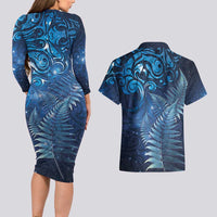 Matariki New Zealand Maori Silver Fern Couples Matching Long Sleeve Bodycon Dress and Hawaiian Shirt Galaxy Blue Sky Style