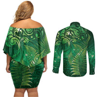 Matariki New Zealand Maori Silver Fern Couples Matching Off Shoulder Short Dress and Long Sleeve Button Shirt Galaxy Green Sky Style