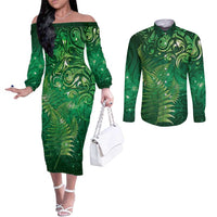 Matariki New Zealand Maori Silver Fern Couples Matching Off The Shoulder Long Sleeve Dress and Long Sleeve Button Shirt Galaxy Green Sky Style