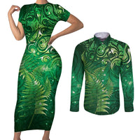 Matariki New Zealand Maori Silver Fern Couples Matching Short Sleeve Bodycon Dress and Long Sleeve Button Shirt Galaxy Green Sky Style