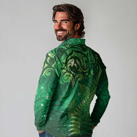 Matariki New Zealand Maori Silver Fern Long Sleeve Polo Shirt Galaxy Green Sky Style