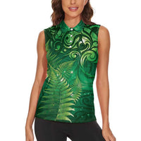 Matariki New Zealand Maori Silver Fern Women Sleeveless Polo Shirt Galaxy Green Sky Style