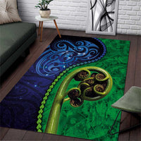 New Zealand Matariki Fern Frond Koru Area Rug with Galaxy Blue Sky and Green Paua Shell Art