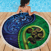 New Zealand Matariki Fern Frond Koru Beach Blanket with Galaxy Blue Sky and Green Paua Shell Art