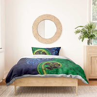 New Zealand Matariki Fern Frond Koru Bedding Set with Galaxy Blue Sky and Green Paua Shell Art