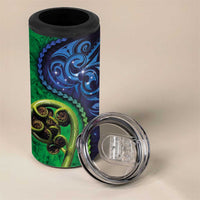 New Zealand Matariki Fern Frond Koru 4 in 1 Can Cooler Tumbler with Galaxy Blue Sky and Green Paua Shell Art