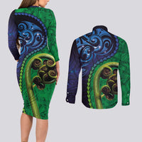 New Zealand Matariki Fern Frond Koru Couples Matching Long Sleeve Bodycon Dress and Long Sleeve Button Shirt with Galaxy Blue Sky and Green Paua Shell Art