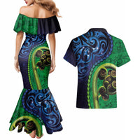 New Zealand Matariki Fern Frond Koru Couples Matching Mermaid Dress and Hawaiian Shirt with Galaxy Blue Sky and Green Paua Shell Art