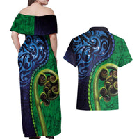 New Zealand Matariki Fern Frond Koru Couples Matching Off Shoulder Maxi Dress and Hawaiian Shirt with Galaxy Blue Sky and Green Paua Shell Art