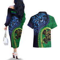 New Zealand Matariki Fern Frond Koru Couples Matching Off The Shoulder Long Sleeve Dress and Hawaiian Shirt with Galaxy Blue Sky and Green Paua Shell Art