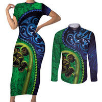 New Zealand Matariki Fern Frond Koru Couples Matching Short Sleeve Bodycon Dress and Long Sleeve Button Shirt with Galaxy Blue Sky and Green Paua Shell Art