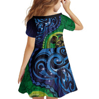 New Zealand Matariki Fern Frond Koru Family Matching Long Sleeve Bodycon Dress and Hawaiian Shirt with Galaxy Blue Sky and Green Paua Shell Art