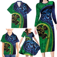 New Zealand Matariki Fern Frond Koru Family Matching Long Sleeve Bodycon Dress and Hawaiian Shirt with Galaxy Blue Sky and Green Paua Shell Art