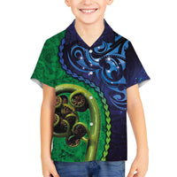 New Zealand Matariki Fern Frond Koru Family Matching Off The Shoulder Long Sleeve Dress and Hawaiian Shirt with Galaxy Blue Sky and Green Paua Shell Art
