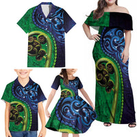 New Zealand Matariki Fern Frond Koru Family Matching Off Shoulder Maxi Dress and Hawaiian Shirt with Galaxy Blue Sky and Green Paua Shell Art