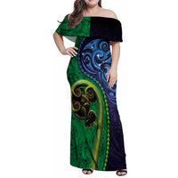 New Zealand Matariki Fern Frond Koru Family Matching Off Shoulder Maxi Dress and Hawaiian Shirt with Galaxy Blue Sky and Green Paua Shell Art