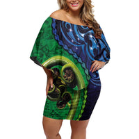 New Zealand Matariki Fern Frond Koru Family Matching Off Shoulder Short Dress and Hawaiian Shirt with Galaxy Blue Sky and Green Paua Shell Art