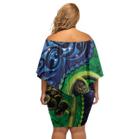 New Zealand Matariki Fern Frond Koru Family Matching Off Shoulder Short Dress and Hawaiian Shirt with Galaxy Blue Sky and Green Paua Shell Art