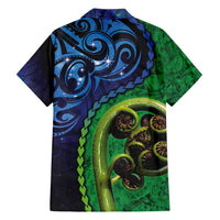New Zealand Matariki Fern Frond Koru Family Matching Short Sleeve Bodycon Dress and Hawaiian Shirt with Galaxy Blue Sky and Green Paua Shell Art