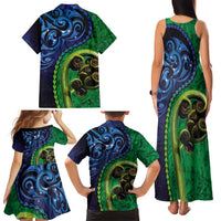 New Zealand Matariki Fern Frond Koru Family Matching Tank Maxi Dress and Hawaiian Shirt with Galaxy Blue Sky and Green Paua Shell Art