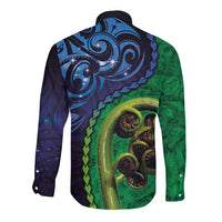 New Zealand Matariki Fern Frond Koru Long Sleeve Button Shirt with Galaxy Blue Sky and Green Paua Shell Art