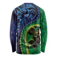 New Zealand Matariki Fern Frond Koru Long Sleeve Shirt with Galaxy Blue Sky and Green Paua Shell Art